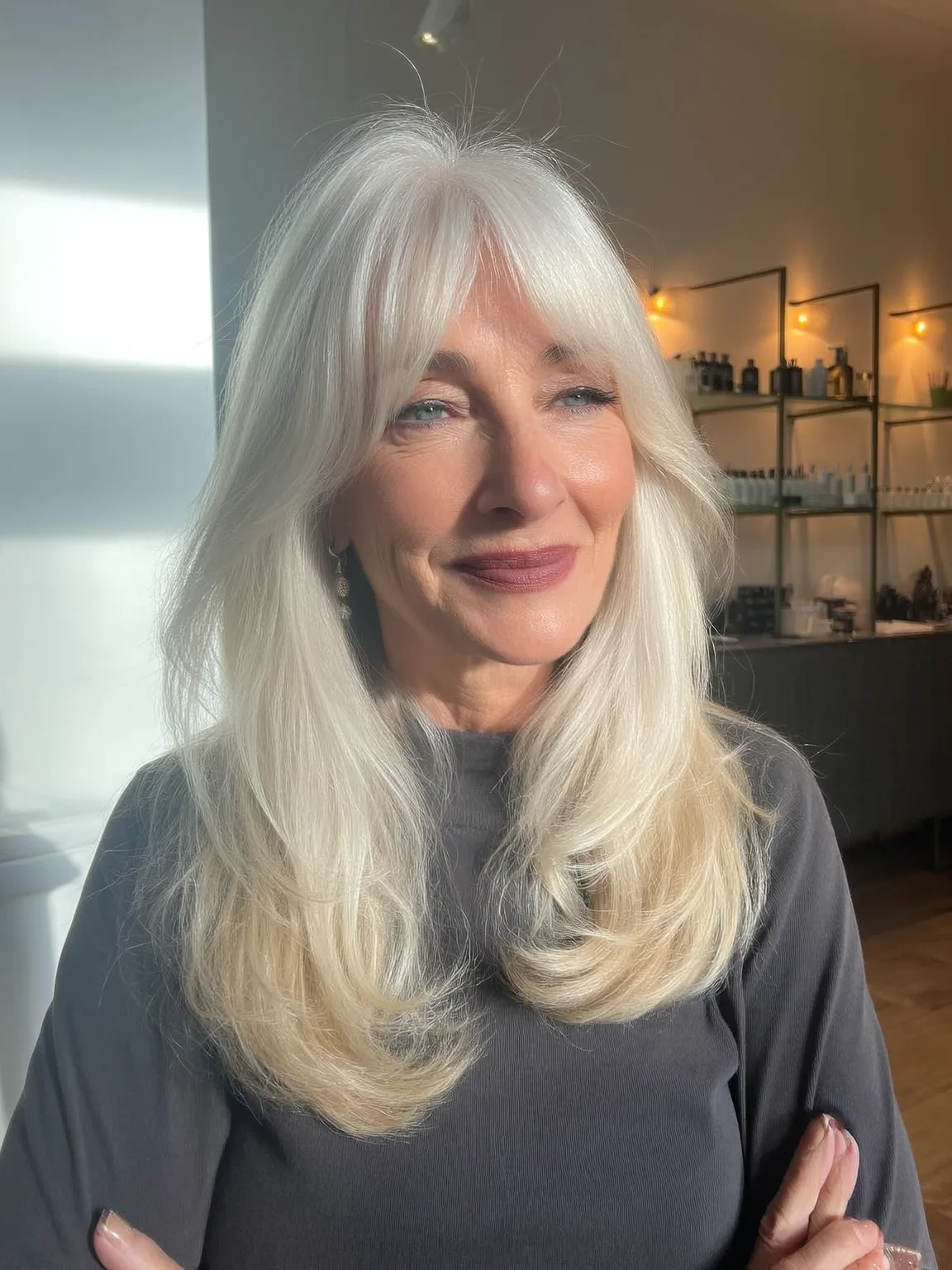 Elegant Long Layers in Silver Frost with Curtain Bangs